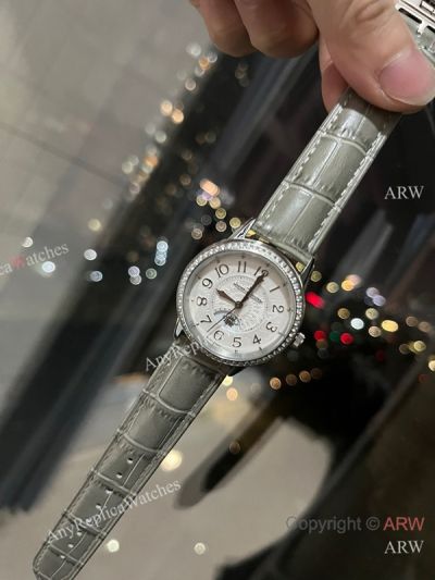 High Quality Replica JAEGER-LECOULTRE Rendez-Vous Collection Different Colors Leather Strap White Face Dial White Diamonds Bezel Watch 33mm